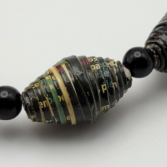 Vintage African Rolled Paper Bead Necklace 28" Green Silver Tone Lobster Clasp - Picture 4 of 9